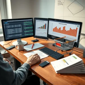 Visualisation d'un audit SEO e-commerce en cours : dashboard, graphiques de conversion, panier d'achat, et éléments de diagno